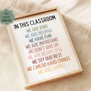 May include: A framed classroom poster with the text "In this classroom we are kind, we are helpful, we have fun, we are important, we don't give up, we are respectful, we try our best, we can do hard things, we are loved". The text is in a rainbow of colors.