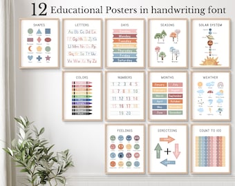 May include: Twelve educational posters in a handwriting font. The posters cover various topics, including shapes, letters, days of the week, seasons, the solar system, colors, numbers, months, weather, feelings, directions, and counting to 100.