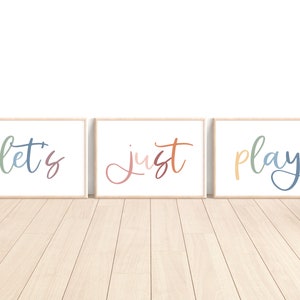 Set of 3 Playroom Prints, Playroom Sign Nursery Wall Art, Let&#39;s Play Sign, Playroom Wall Decor, Let&#39;s Just Play Printable, Pastel Playroom