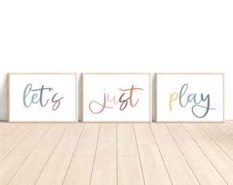 Set of 3 Playroom Prints, Playroom Sign Nursery Wall Art, Let's Play Sign, Playroom Wall Decor, Let's Just Play Printable, Pastel Playroom