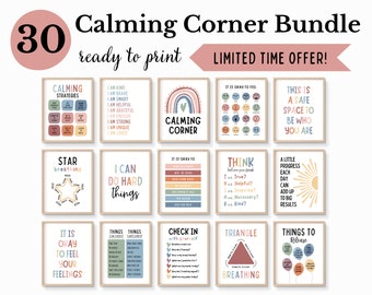 30 Calming Corner Posters Boho Educational Wall Art Printable Set Kids Preschool Toddler Homeschool Classroom Peace Corner Bundle Sign Kit