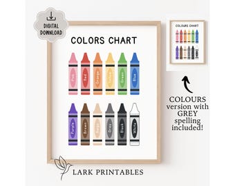 Könnte beinhalten: Eine druckbare Farbkarte mit Buntstiften in verschiedenen Farben, darunter Rosa, Rot, Orange, Gelb, Grün, Blau, Lila, Braun, Beige, Grau, Schwarz und Weiß. Die Karte enthält oben den Text "COLORS CHART" und unten den Text "LARK PRINTABLES".