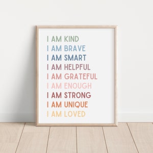 Affirmations pour les enfants, affiches de classe, je suis des affirmations, affiche de salle de jeux, affiche d'affirmations, décor d'école à la maison, je suis gentil intelligent aimé