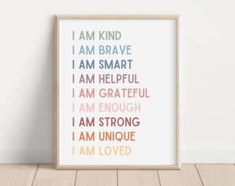 Afirmaciones para niños, carteles para el aula, afirmaciones "Soy", póster para la sala de juegos, póster de afirmaciones, decoración para la educación en el hogar, "Soy amable, inteligente y amado"