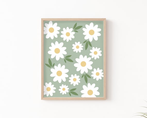 Daisies Wall Art Sage Green Wall Art Floral College Dorm Decor Daisy Art Print Boho Wall Art Sage Green Flowers Poster Danish Pastel Decor