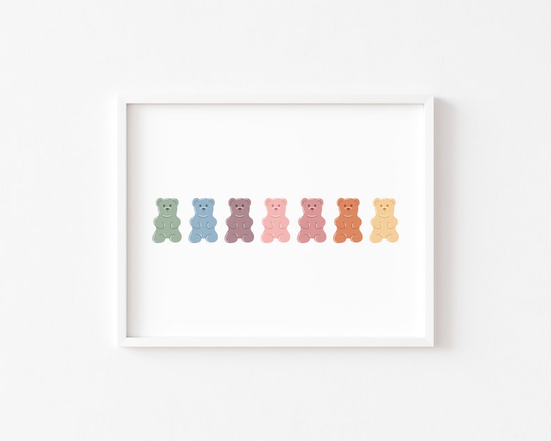 Bear Nursery Wall Art Prints, Gummy Bear Print, Cute Nursery Girl Wall Art, Neutral Nursery Print, Boho Pastel Rainbow Playroom Wall Decor image 3