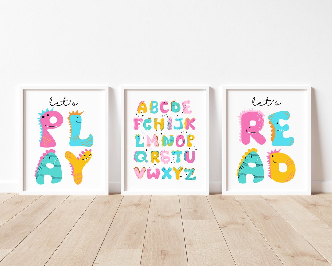 Set of 3 Playroom Prints, Pink Dinosaur Art, Dinosaur Alphabet Print ...