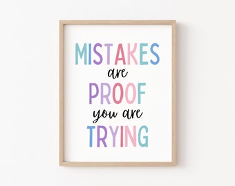 Mistakes Are Proof That You Are Trying Printables, Growth Mindset, Pastel Classroom Decor, Therapy Office Decor Homeschool Classroom Posters