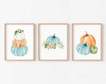 Set of 3 Watercolor Pumpkin Printable, Fall Wall Decor, Autumn Decor, Pumpkin Wall Printable, Thanksgiving Decor, Fall Printable Set of 3