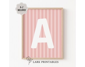Pink Striped Monogram Wall Art For Nursery Decor, Pink Letter Decor (Digital Download)
