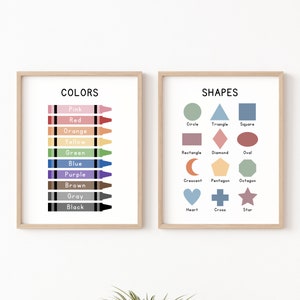 May include: Two framed educational posters for children. The left poster shows a set of crayons with the names of colors written below each crayon. The right poster shows a set of shapes with the names of each shape written below each shape.