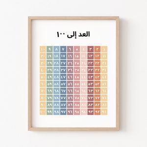 Arabische Zahlen zählen bis 100 Diagramm Arabische Lehrdrucke, DIGITALER DOWNLOAD, Arabische Wandkunst, Zweisprachiges Lehrposter