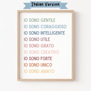 Affirmations for Kids in Italian, Italian Classroom, Bilingual Affirmations, Learn Italian, Homeschool Decor, Motivational Italian Printable