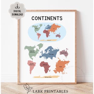 May include: A framed print featuring a colorful world map with continents labeled. The word "CONTINENTS" is at the top. The print includes a digital download icon and the text "LARK PRINTABLES".
