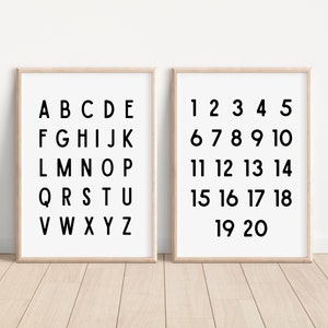 Schwarz weiß Alphabet Poster Neutral Spielzimmer 2er Set Drucke Alphabet Poster Zahlen Poster Bildung Wandkunst Montessori Printables