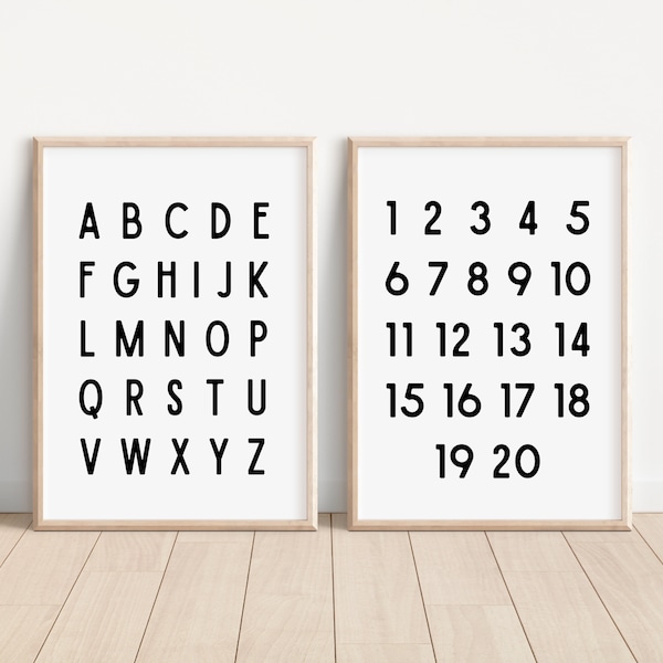 Black and White Alphabet Poster Neutral Playroom Set of 2 Prints Alphabet Poster Numbers Poster Educational Wall Art Montessori Printables