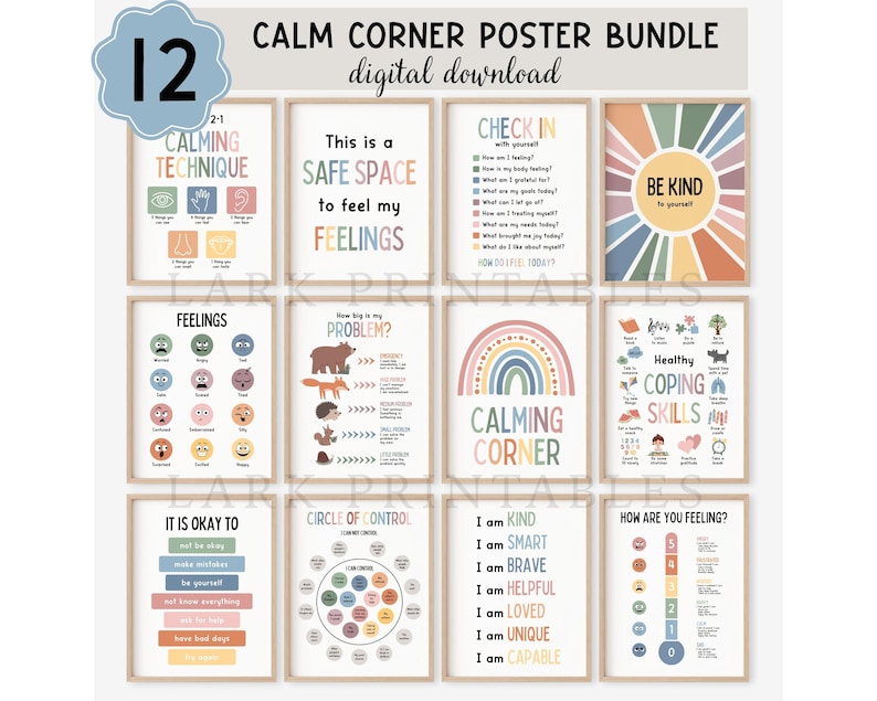 May include: A set of 12 framed posters with calming techniques, feelings, and coping skills themes. The posters feature colorful designs and text like "Calm Corner," "Safe Space," and "Be Kind." Ideal for creating a supportive environment.