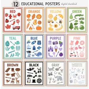 May include: Twelve educational posters with colorful illustrations, each representing a different color. The posters include the colors red, orange, yellow, green, teal, blue, purple, pink, brown, black, gray, and white. Each poster has a wooden frame.