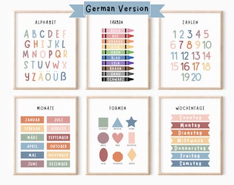 Set of 6 German Educational Prints, Homeschool Classroom Decor, Montessori Classroom, German Alphabet, German Classroom Printables