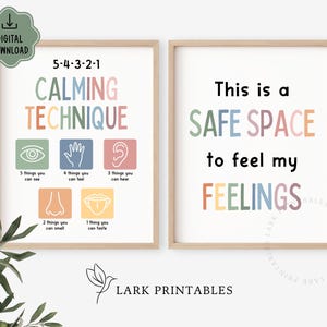 May include: Two framed prints with a calming theme. One print reads "5-4-3-2-1 CALMING TECHNIQUE" with visual prompts. The other print says "This is a SAFE SPACE to feel my FEELINGS". Both prints have a light wood frame.
