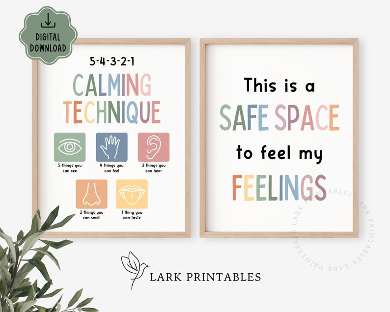 May include: Two framed prints with a calming theme. One print reads "5-4-3-2-1 CALMING TECHNIQUE" with visual prompts. The other print says "This is a SAFE SPACE to feel my FEELINGS". Both prints have a light wood frame.
