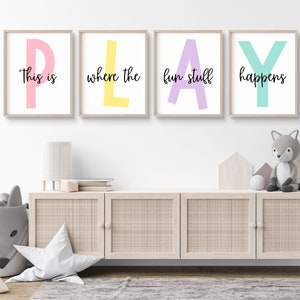 Set mit Spielzimmer-Drucken Spielzimmer-Wand-Dekor, Kinderzimmer-Wand-Kunst, Spiel-Zeichen, Kinderzimmer-Dekor Let&#39;s Play-Zeichen