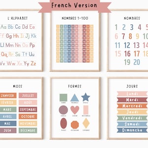 Set von 6 französischen Schuldrucken, Homeschool Klassenzimmer Dekor, Montessori Klassenzimmer, französisches Alphabet, Französische Klassenzimmer Druckbares