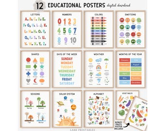 Montessori Toddler Educational Learning Printable Posters Homeschool Kindergarten Preschool Alphabet Prints, Colorful Nursery Playroom Decor