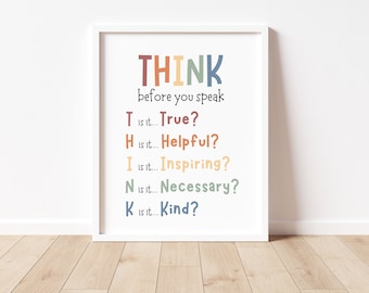 Think Before You Speak Sign, Counselor Office Decor, Boho Classroom Decor, Classroom Rules Printable, Positive Classroom Posters, Montessori