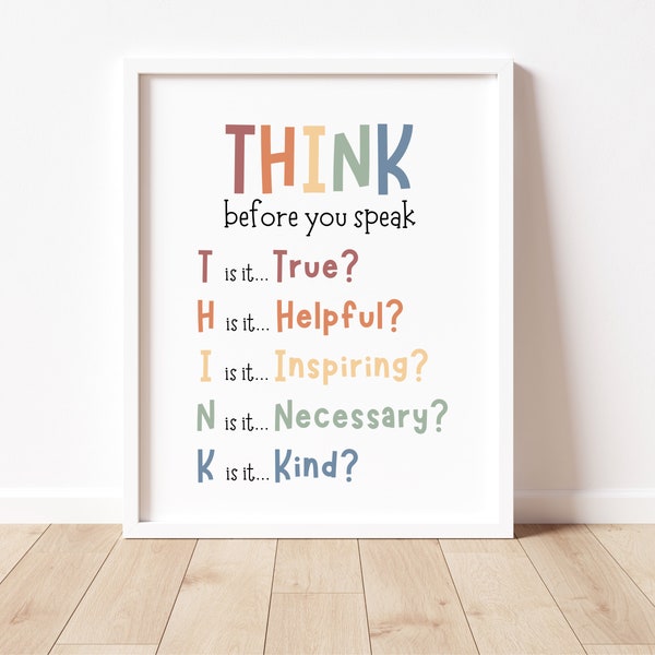 Think Before You Speak Sign, Counselor Office Decor, Boho Classroom Decor, Classroom Rules Printable, Positive Classroom Posters, Montessori