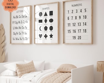 Minimalist Alphabet and Numbers Chart, Printable Preschool Handwriting Set, Basic Shapes Poster Black and White Learning Prints for Toddlers