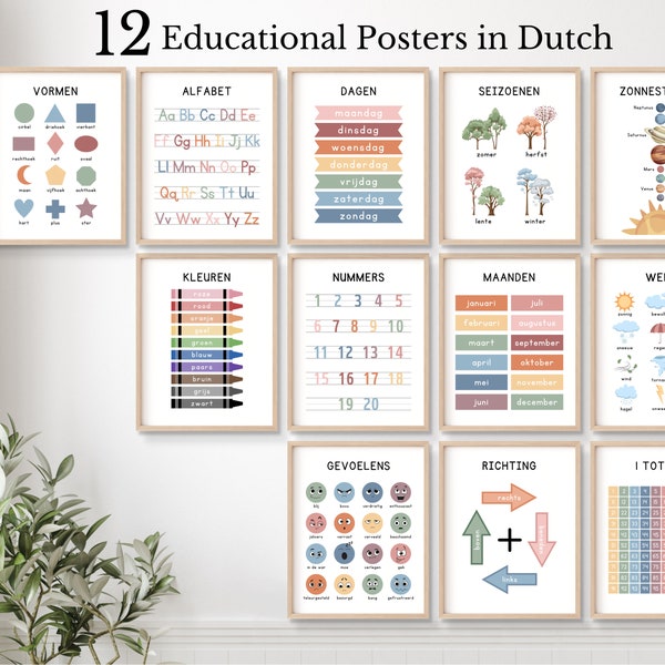 Set van 12 Nederlandse Educatieve Prints, Homeschool Classroom Decor, Montessori Classroom, Nederlands Alfabet, Tweetalig Klaslokaal, DIGITALE DOWNLOAD