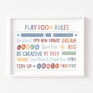 以下が含まれることがあります： 「Play Room Rules」というテキストと、遊び部屋のルールをリストしたカラフルな印刷可能なポスター。ルールには、「Be Kind」、「Try New Things」、「Dream Big」、「Laugh」、「Have Fun」、「Be Creative」、「Be Silly」、「Share」、「Read」、「Say Please & Thank You」、「Make Memories」、「Tidy Up」などがあります。