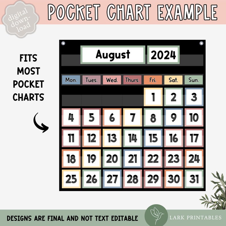 May include: A printable August 2024 calendar pocket chart with a black background and colourful squares for each day. The days of the week are labelled at the top, and the numbers 1 through 31 are displayed in the squares.
