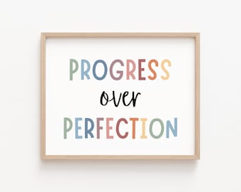 Progress Over Perfection Inspirational Office Decor Boho Motivational Classroom Decor Positive Affirmation Poster Typography Mental Health