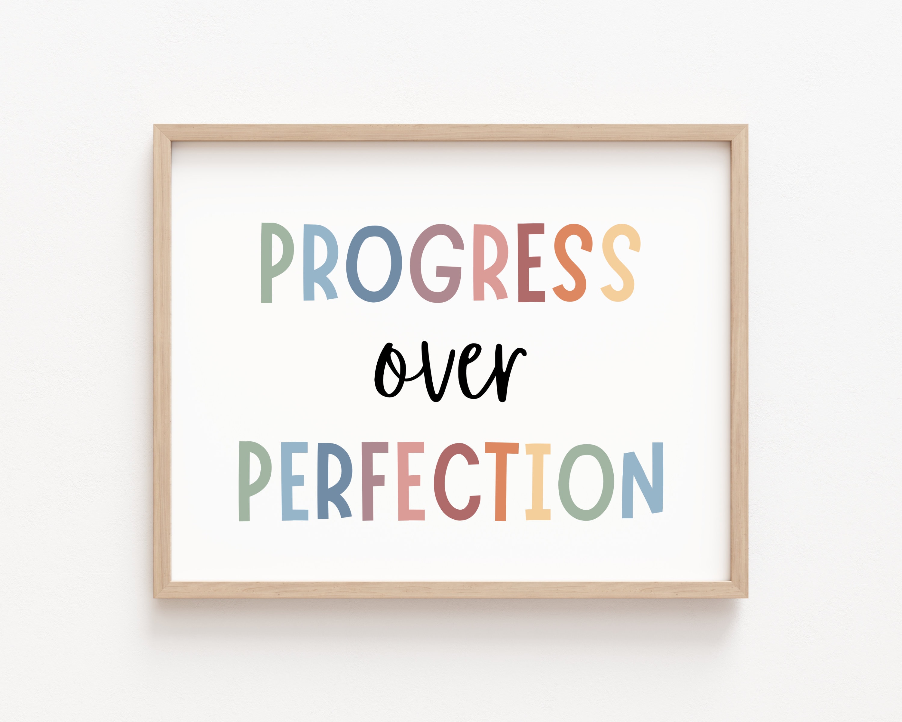 Progreso por encima de la perfección Decoración de oficina inspiradora Decoración de aula motivacional bohemia Póster de afirmación positiva Tipografía Salud mental