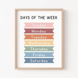 Tage der Woche druckbare Lernposter Montessori-Bildung Klassenzimmer Dekor Homeschool-Ressourcen Kindergarten Vorschule Ausdrucke