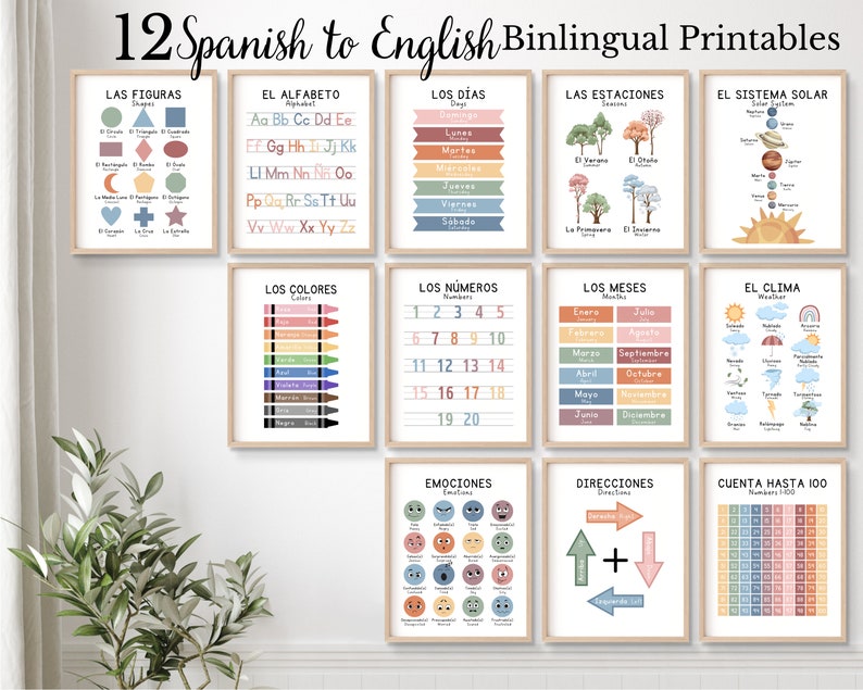 May include: Twelve printable educational posters in Spanish and English. The posters feature colorful illustrations and text, covering topics such as shapes, the alphabet, days of the week, seasons, the solar system, colors, numbers, months of the year, weather, emotions, directions, and counting to 100.