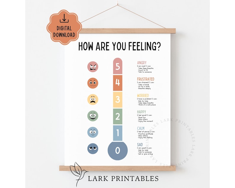 Puede incluir: Un p&oacute;ster blanco con el texto "HOW ARE YOU FEELING?" y una escala del 0 al 5, cada nivel representa una emoci&oacute;n. El p&oacute;ster incluye un icono de descarga digital y se muestra en un marco de madera. El p&oacute;ster es de Lark Printables.