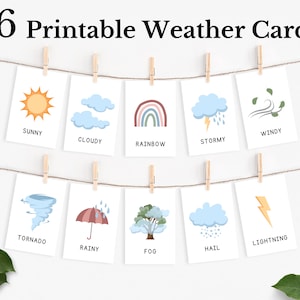 16 Weer Flashcards, Educatieve Printbare Kaarten, Meteorologie, Kids Flashcards, 3-delige Flashcards, Montessori Activiteit Preschool Printable
