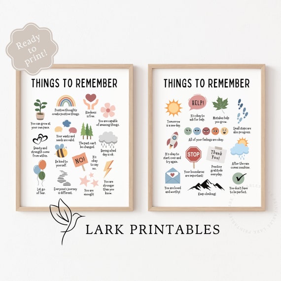 Things to Remember Set of 2 Therapy Office Decor Anxiety Calming Corner Positive Affirmation School Psychology CBT Self Esteem Mental Health