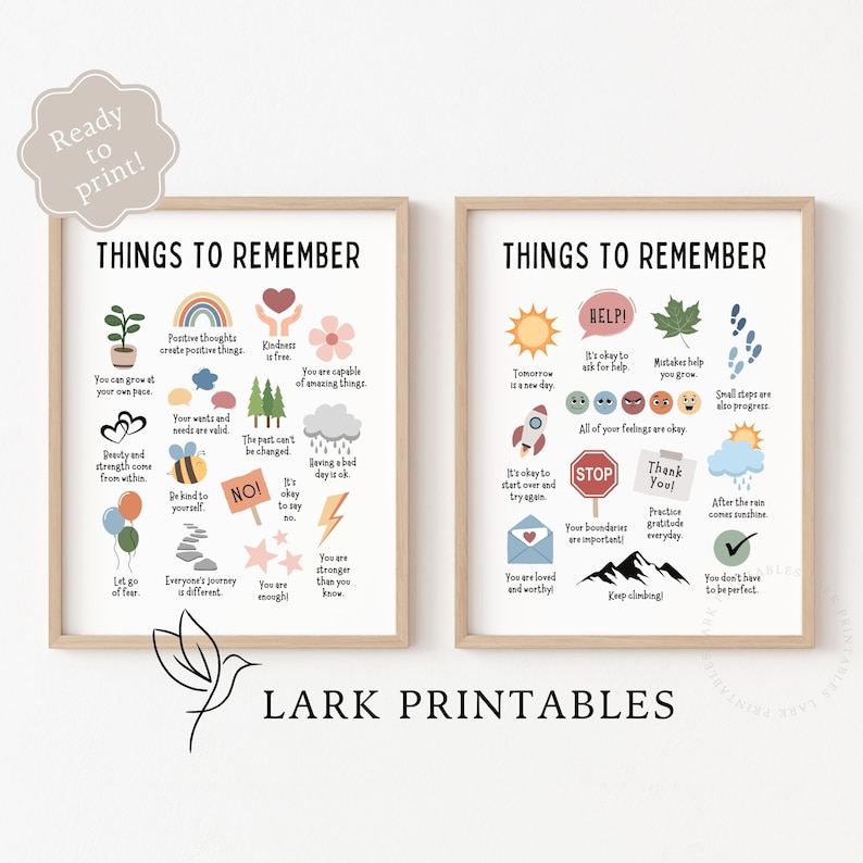 K&ouml;nnte beinhalten: Zwei druckbare Poster mit bunten Illustrationen und positiven Affirmationen f&uuml;r Kinder. Die Poster zeigen S&auml;tze wie "Du bist zu erstaunlichen Dingen f&auml;hig", "Es ist in Ordnung, um Hilfe zu bitten" und "Klettere weiter!"