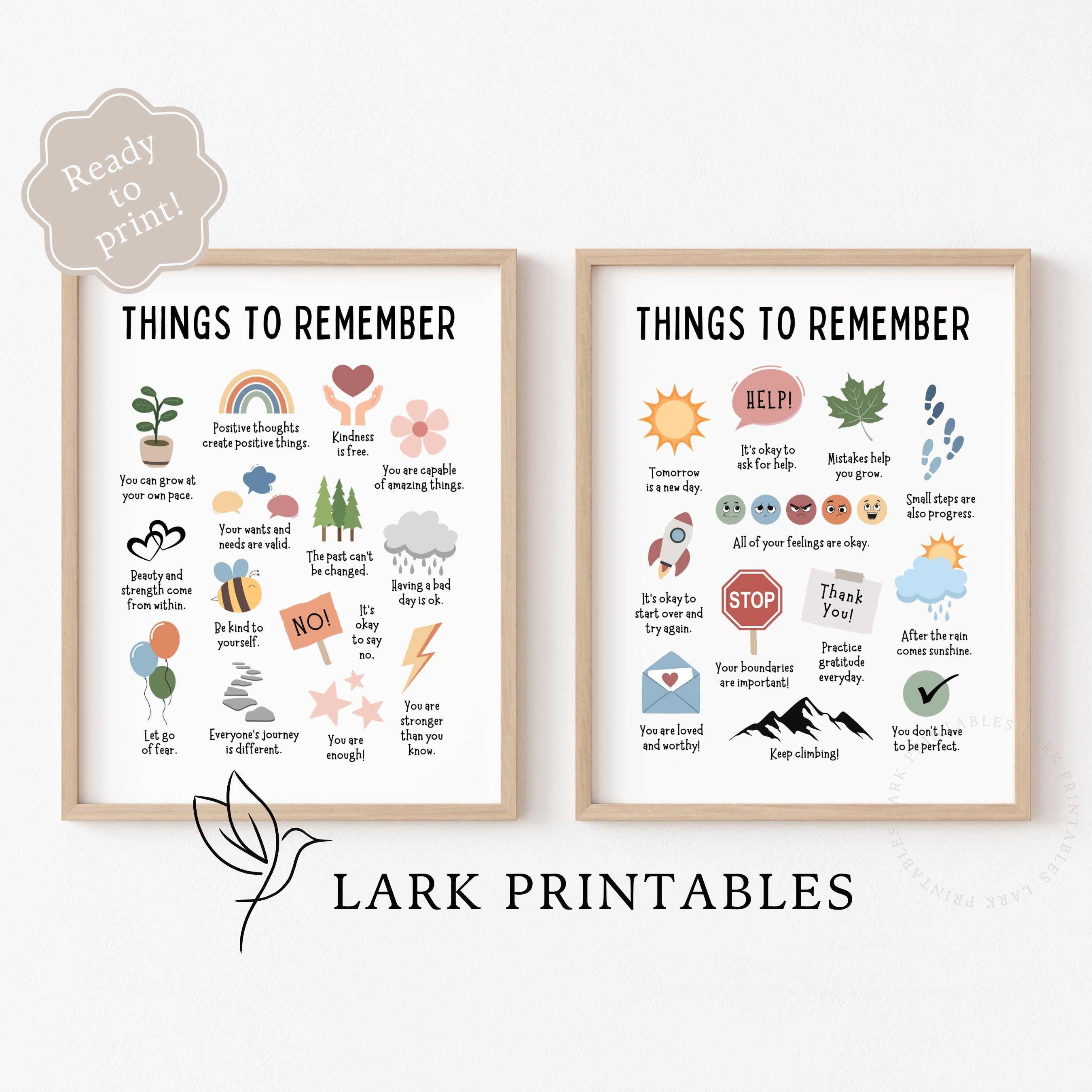 Things to Remember Set of 2 Therapy Office Decor Anxiety Calming Corner Positive Affirmation School Psychology CBT Self Esteem Mental Health