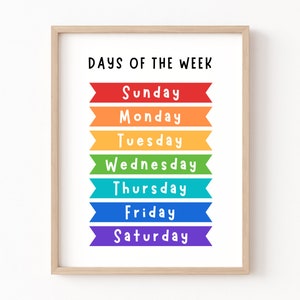 Days of the Week Printable, Educational Wall Art, Playroom Poster, Days of the Week, Classroom Poster, Educational Posters, Homeschool Decor