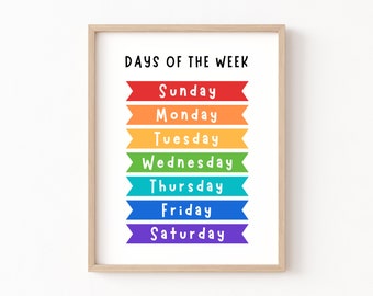 Days of the Week Printable, Educational Wall Art, Playroom Poster, Days of the Week, Classroom Poster, Educational Posters, Homeschool Decor