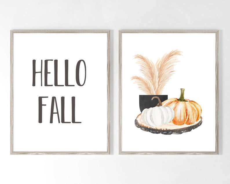 Hello Fall Printable Set of 2, Autumn Quotes Print, Fall Printables , Neutral Fall Prints, Fall Quotes Printable, Fall Decor, Pumpkin Decor image 2