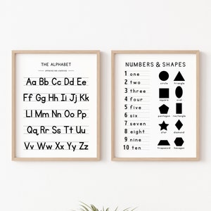 May include: Two black and white educational posters. The first poster features the alphabet in uppercase and lowercase letters. The second poster features numbers 1 through 10 with the corresponding word and a black shape for each number. The shapes include a circle, triangle, square, oval, pentagon, rectangle, star, diamond, trapezoid, and hexagon.