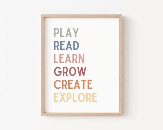 Play Read Learn Grow Create Explore Playroom Wall Decor Boho Classroom Decor Let's Play Kids Art Homeschool Montessori Wall Art Printable