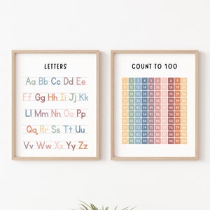 Póster del alfabeto, gráfico de cuenta hasta 100 cientos, carteles de aula, arte de pared educativo, decoración de aula boho, decoración de pared de sala de juegos