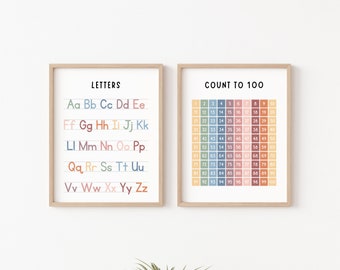 Alphabet Poster, Count to 100 Hundreds Chart, Classroom Posters, Educational Wall Art, Boho Classroom Decor, Playroom Wall Decor